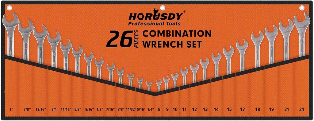 HORUSDY 26-Piece Durable Combination Wrench Set with Roll-up Pouch, Open End Wrench Set for General Household, Garage, Auto Repairs, SAE 1/4” - 1” and Metric 8mm - 24mm