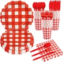 168Pcs Light Red Gingham Party Supplies - Scalloped Paper Plates and Napkins Set Red Checkered Plates Disposable Plaid Dinner Party Set Cutlery for Baby Shower Wedding, Serve 24