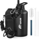 Insulated Water Bottle 64 oz, Triple Wall Vacuum Stainless Steel(Cold for 48 Hrs),Leak Proof & BPA-Free,Half Gallon Water Bottle with Reflective Paracord & Flip Straw for Sports & Travel, Black
