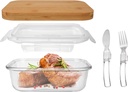 Glass Food Storage Containers with Leak Proof Locking Lid and Bamboo Lid, 20oz Beefsteak Meatloaf Containers for Picnic Camping Office with Knife and Fork, Small Meal Prep Container for Lunch