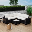 Outdoor Patio Sectional Furniture PE Rattan Sofa Set 6 Pieces, Wicker Modular Patio Conversation Couch Sets with Coffee Table & Thickened Cushions for Backyard, Poolside, Brown Rattan, Beige Cushions