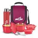 MILTON Pro Frokostboks med stålbestik, 3 Mikrobølgeovn Sikker indvendig stålbeholder (180 ml, 320 ml, 450 ml), Plastic Chutney Dabba, 100 ml, Flaske, 750 ml med isoleret pose, Office Tiffin, Maroon