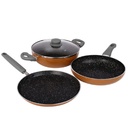 Prestige Omega Deluxe Non-Stick Cookware 3 Pc Set |PFOA Free 5-Layer Coating | Omni Tawa 25 cm | Fry Pan 24 cm | Kadai with Glass Lid 24 cm | Brown | Dishwasher Safe