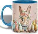 Easter Bunny Mug, 11oz Ceramic Coffee Cup with Floral Crown Rabbit and Colorful Decorated Eggs, Spring Holiday Tea Mug Gift Idea for Women or Home Decor