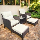 5-Piece All-Weather PE Rattan Outdoor Conversation Set with Cushions, 2 Ottomans & Tempered Glass Table - Patio Furniture for Backyard, Garden, Porch & Balcony (White)