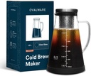 OVALWARE Airtight Cold Brew Iced Coffee Maker Pitcher and Tea Infuser with Spout - 1.0L / 34oz Ovalware RJ3 Brewing Glass Carafe with Removable Stainless Steel Filter