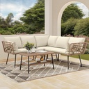 DWVO 4 Pieces Patio Furniture Set Outdoor Wicker Conversation Sectional L-Shaped Sofa with 2-Tier Coffee Table and Thick Cushions Outdoor sectional with 5 Seater for Backyard Porch (Beige)