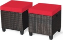 2PCS Patio Outdoor Ottomans, Rattan Wicker Ottoman Seat w/Removable Cushions, Rattan Footstool Footrest Seat Set, Patio Wicker Furniture Small Chair for Home,Patio, Garden, Backyard (Red)