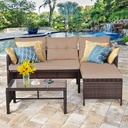 RELAX4LIFE 3-Piece Patio Furniture Set, Outdoor Wicker Sectional Sofa Set w/Washable Cushion, Tempered Glass Coffee Table, Rattan Conversation Set Outdoor Couch for Garden Backyard Deck (Brown)