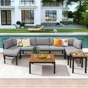 Merax Modern Outdoor Sectional Sofa Set with Coffee Table & Multi-Purpose Ottoman, Patio Seating Group, Iron Frame Outdoor Conversation Set with Cushions for Patio, Backyard, Garden, Grey
