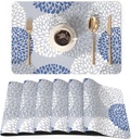 QIYI Placemats Set of 6, 12x18 Inch PU Leather Place Mats for Kitchen Dinning, Heat Resistant Anti Slip Flower Table Mats, Waterproof Wipeable Washable Fall Placemat Table Décor, Blue Floral Burst