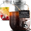 1 Gallon Cold Brew Coffee Maker - 3rd Generation Fine Mesh Filter - Stainless Steel Spigot - Extra Thick Large Glass Mason Jar Drink Dispenser Carafe, Iced Coffee Maker & Sun Tea Pitcher with Infuser.