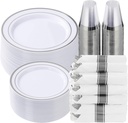 Goodluck 350 Piece Silver Plastic Dinnerware Set for 50 Guests, Fancy Disposable Plates for Party, Include: 50 Dinner Plates, 50 Dessert Plates, 50 Pre Rolled Napkins with Silver Silverware, 50 Cups