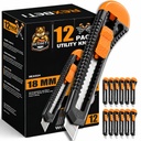 REXBETI 12- Pack Utility Knife, Udtrækkelig Box Cutter til kartoner, Karton og bokse, 18mm Wider Razor Sharp Blade, Glat mekanisme, Perfekt til kontor og hjem brug