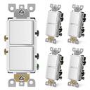 CML Double Rocker Decorator Light Switch, Two Single Pole Electrical Paddle Wall Switches, 15A 120V, Self-grounding On/Off Interrupter, UL Listed, 5 Pack, White
