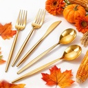 Rubtlamp 90Pcs Gold Plastic Silverware, Gold Disposable Thanksgiving Utensils, Plastic Cutlery Include 30 Plastic Knives, 60 Forks and Spoons, Fancy Plastic Silverware Heavy Duty for Thanksgiving