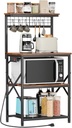 Furologee Kitchen Bakers Rack with Power Outlet, Microwave Oven Stand with Storage 4 Tiers, Coffee Bar Table with 6 S Hooks, Kitchen Storage Shelf Rack for Spices, Pots, Rustic Brown