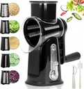 Rotary Cheese Grater with Handle, Manual Vegetable Slicer Grater with 5 Detachable Stainless Steel Blades, Round Grater Slicer Hand Crank Food Chopper for Kitchen with Blade Storage Box
